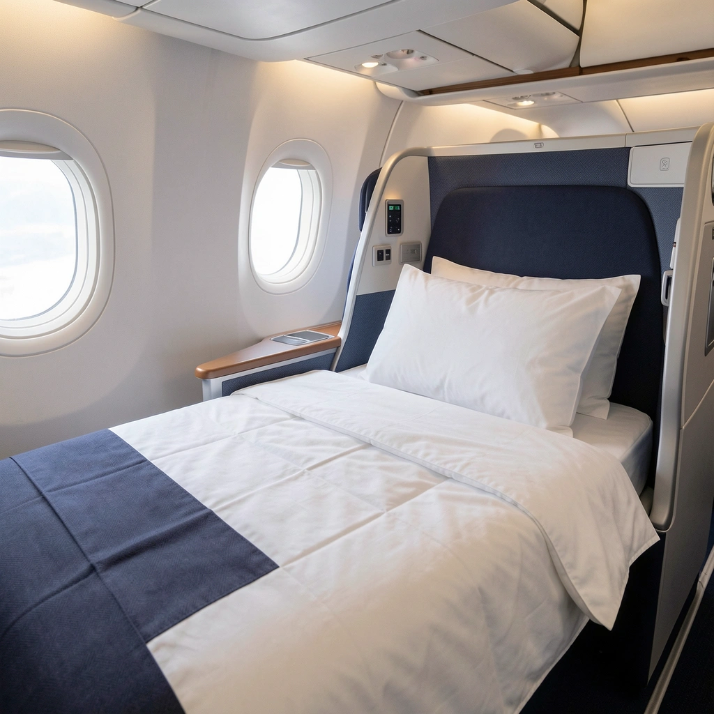 Business class flat bed made up with duvet and pillow for an overnight flight
